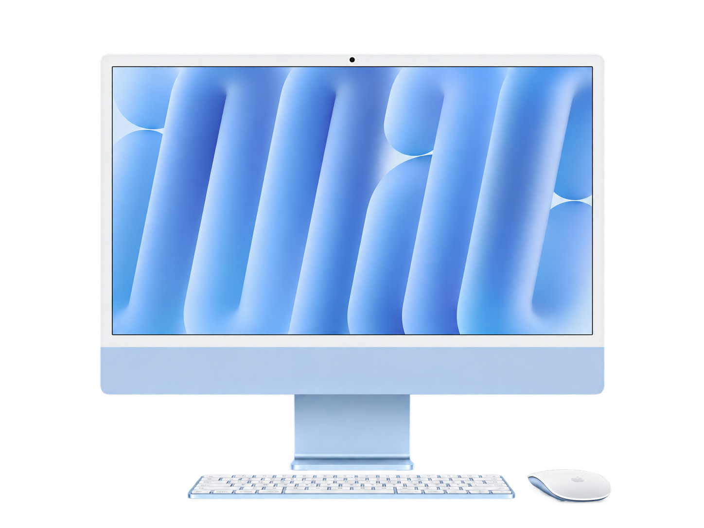 iMac azul com teclado e mouse